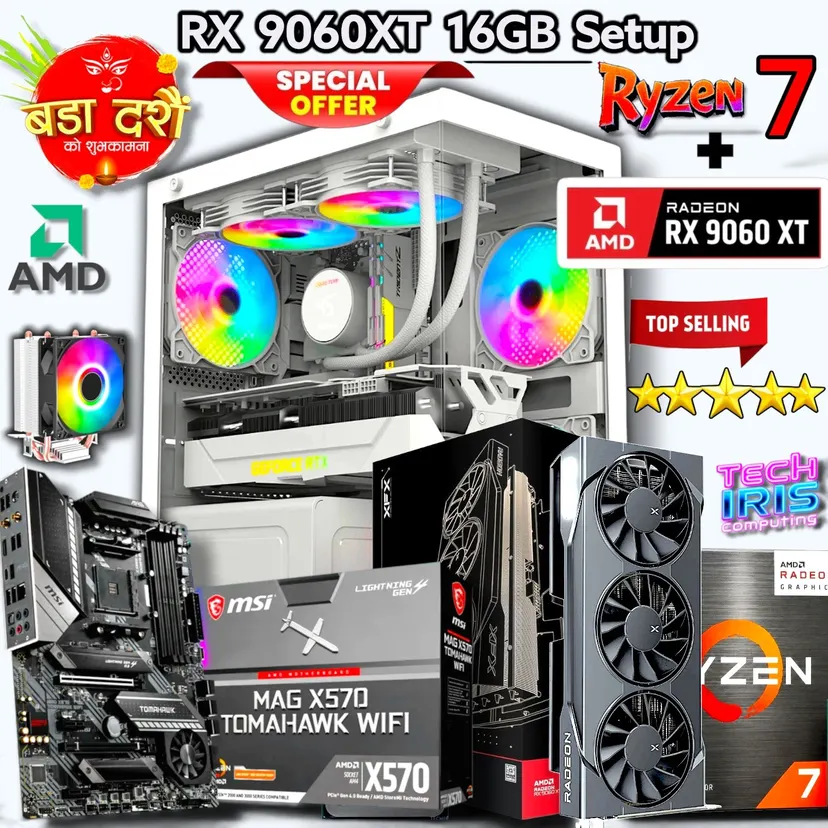 RX 9060XT 16GB Graphics Powered On MSI X570 Tomahawk WIFI Board Pairs Ryzen 7 5700X Processor, 1TB/512/256GB Nvme SSD, DDR4 RAM/750Watt PSU AMD Gaming Editing CPU PC Setup Desktop Computer.