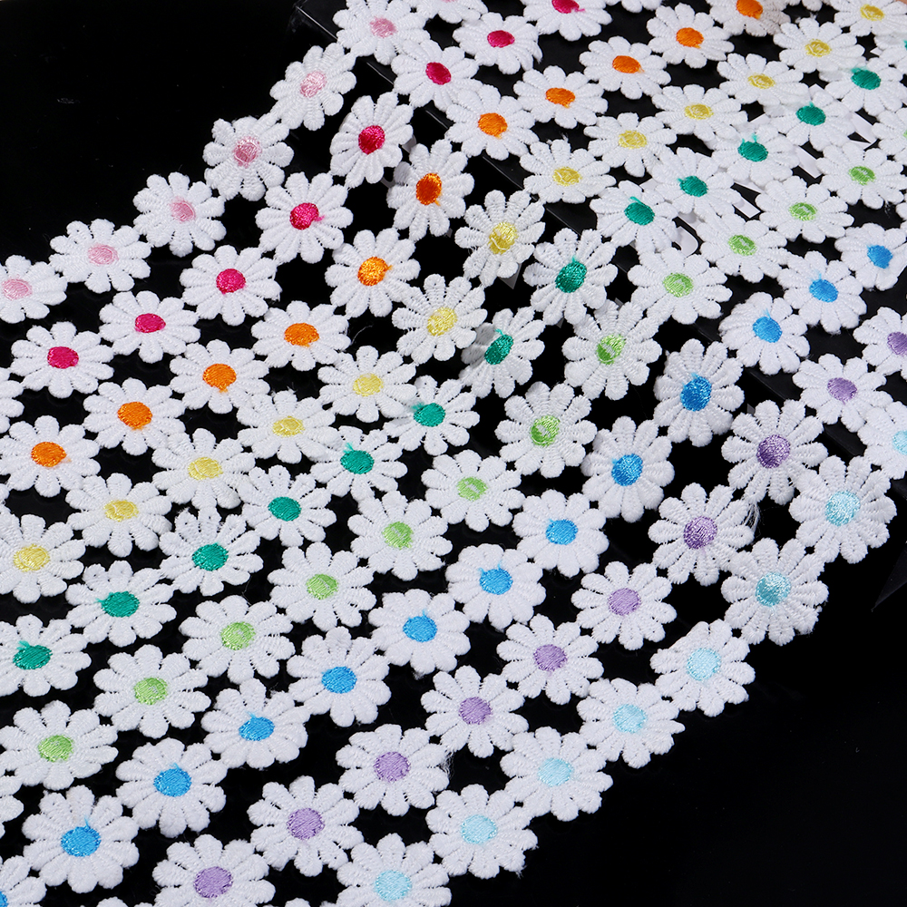 3yards Daisy Flower Lace Fabric Ribbon 25mm Colorful Flowers Embroidered Trim Ribbon For DIY Crafts Sewing Decoration Supplies