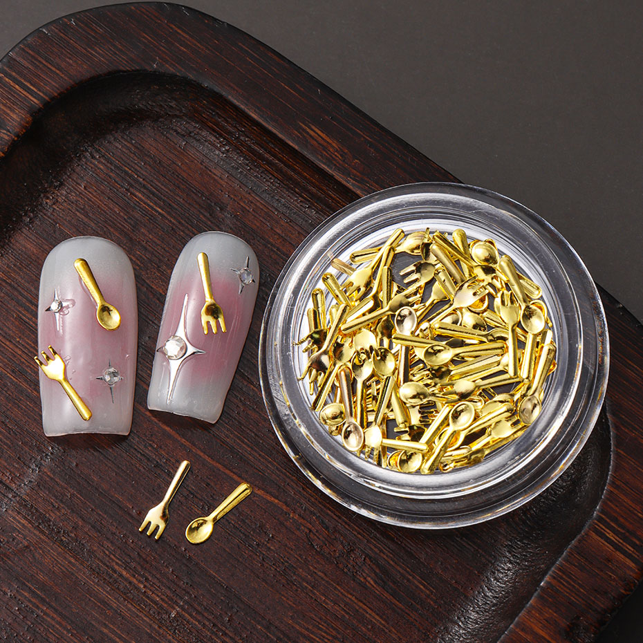 1/2 Boxes Gold Fork & Spoon Nail Decor Funny Mini Silver Tableware Nail Art Charms Korean Cute Alloy Nail Manicure Accessories