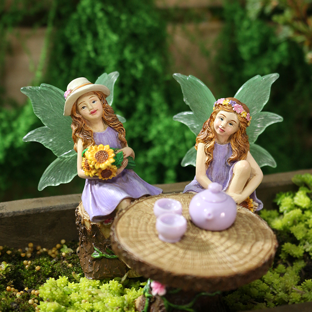 8pc tea-drinking flower fairy resin statue ornaments, garden courtyard cute festive atmosphere decoration, tea-making