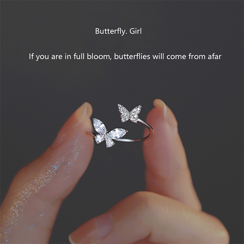 Shiny Cute Crystal Butterfly Zircon Rings for Women Girls Minimalist Wedding Ring Adjustable Silver Color Ring Jewelry