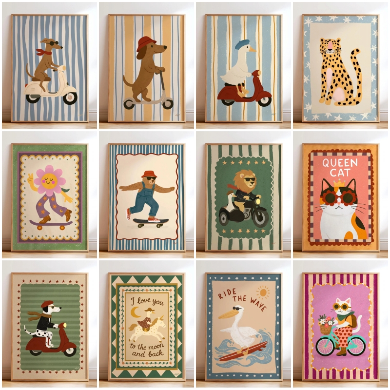 Colourful Cartoon Animals Art Poster Funny Canvas Classroom Kindergarten Bedroom Children's room Home Decorative Wall Art