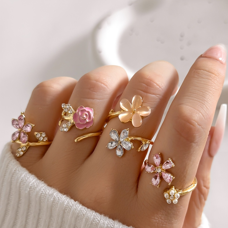 New Fashion Rose Blossoms Adjustable Ring, Women's Sweet and Elegant Festival Party Accessories Set 4 Pieces/set