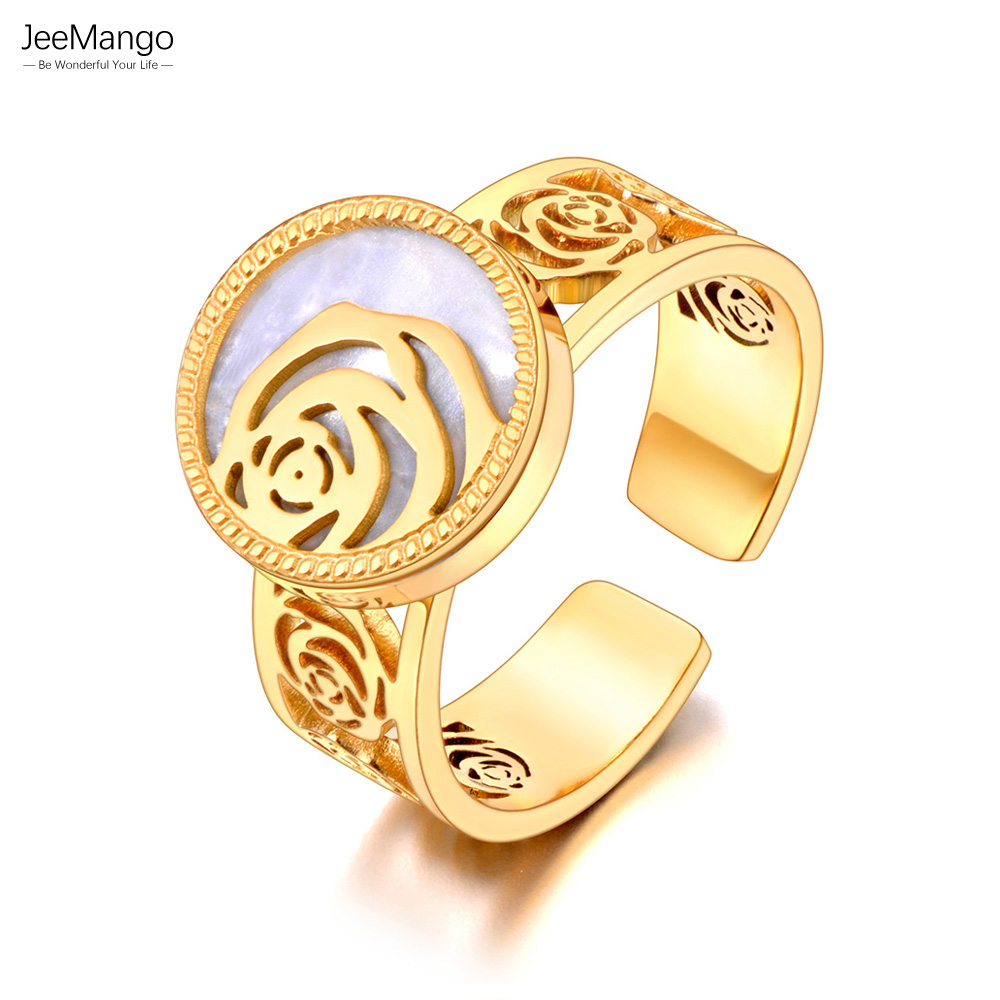 JeeMango Fashion 316L Stainless Steel Roses Flower Open Ring Real Gold Plated Waterproof Party Jewelry For Women кольцо JR23108
