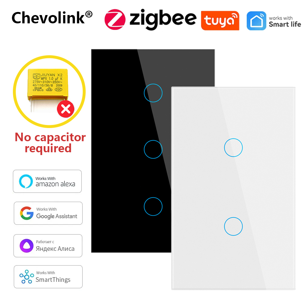 Zigbee Smart Touch Switch No Neutral Wire 1/2/3 Gang Works with Alexa/ Home/Tuya Smart Life App Remote Control Timer Voice