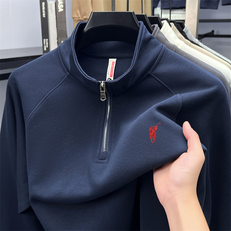 2025 Cotton Half Zipper Stand Up Collar Long Sleeved Sweatshirt for Autumn and Winter Casual Sports Style Solid Color Base