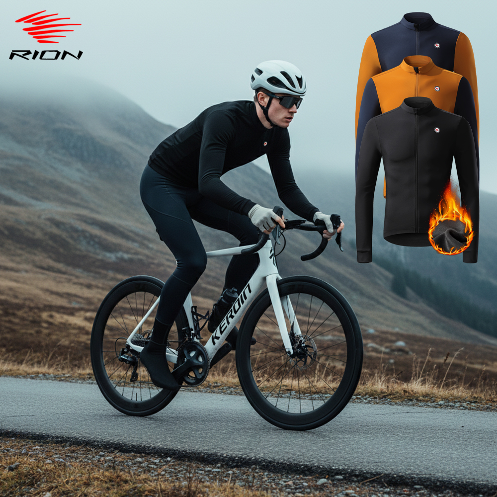 RION Men's Cycling Jersey Winter Thermal Fleece Jerseys UPF 50+ Sun Protection MTB Bicycle Clothing Bike Shirts Riding Windproof