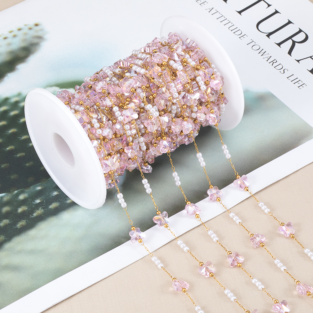 1 Meter Golden Stainless Steel Beaded Chain Pink Transparent Crystal Butterfly Chain Pearl Beaded Chain DIY Necklace Bracelet