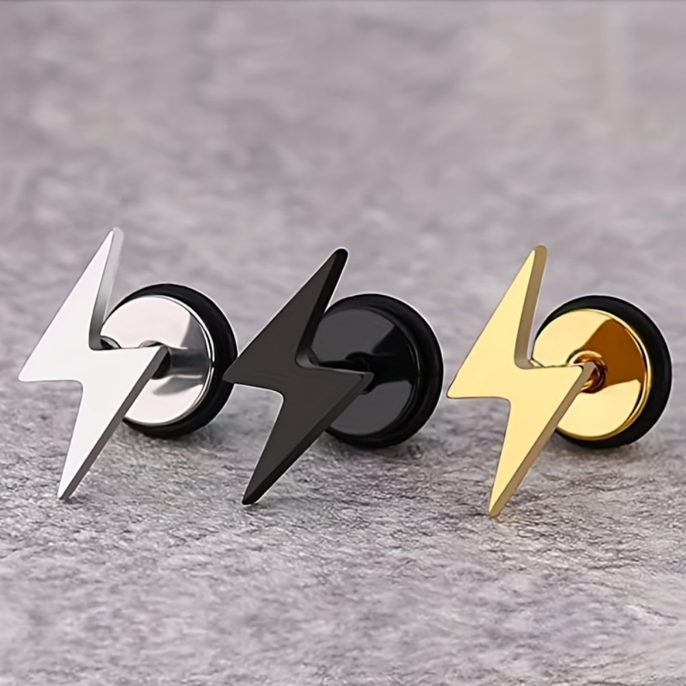 1 Pair Black/Silvery/Golden Punk Style Stainless Steel For Men Lightning Design Earrings Unisex Adorn Ear Piercing Jewelry