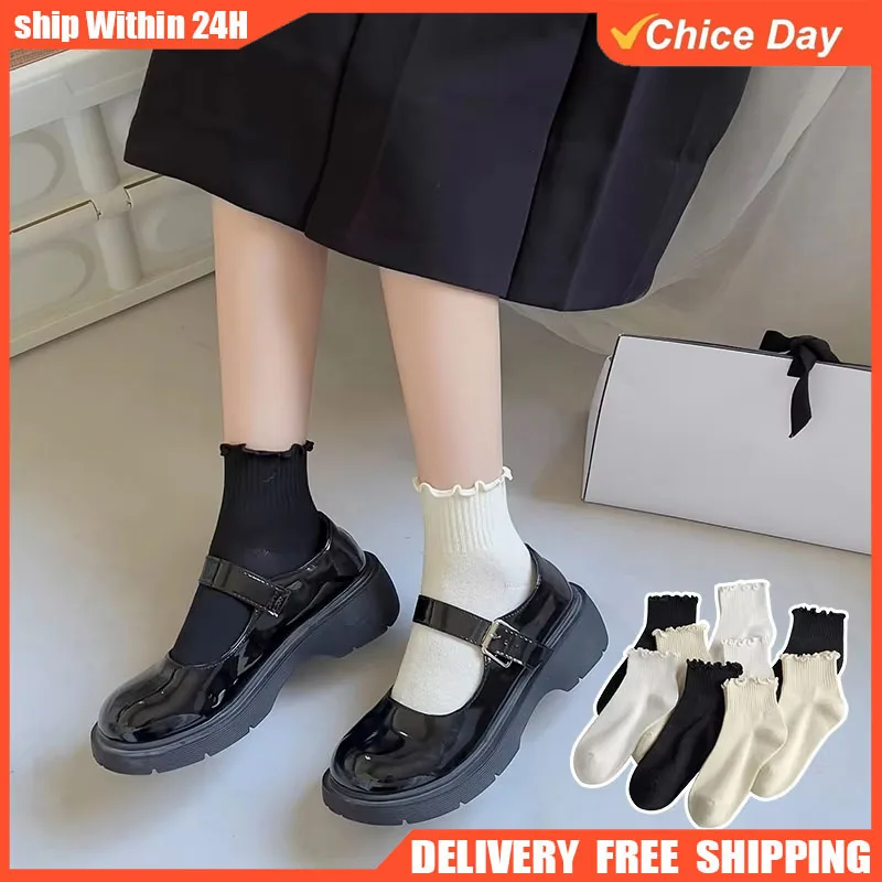 1 Pairs Ruffle Socks Women White Black Frilly Lolita Style Maiden Cute Kawaii Cotton Harajuku Princess Crew Socks