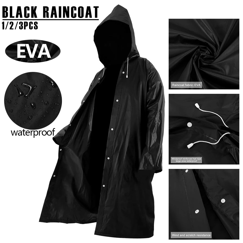 1/2/3Pcs Raincoat EVA Fashion Waterproof Long Raincoat Reusable Windproof Rain Poncho with Adjustable Hood and Arms