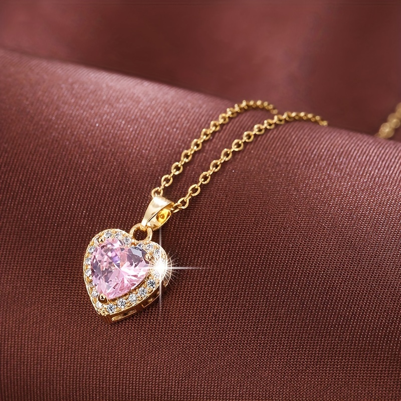 Romantic Pink Love Heart Synthetic Zirconia Pendant Necklace For Women Sweet Jewelry Accessories