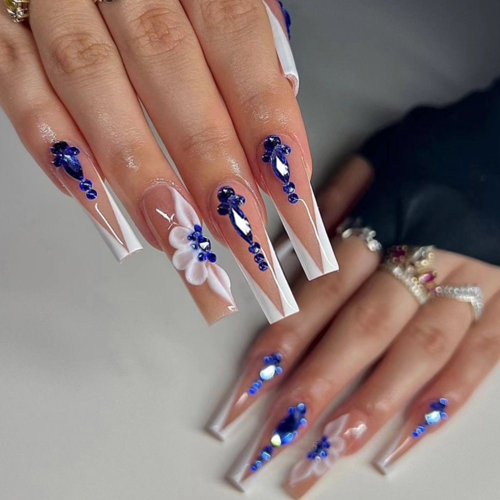 24pcs False Nails Almond with Flower Starlight Design Fake Nail Gradient French Long Press on Nails Finished Fashion Manicure