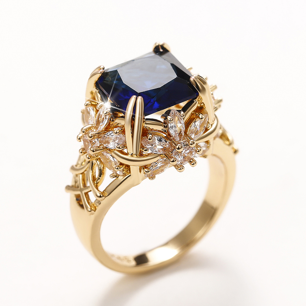 Huitan Luxury Square Blue Cubic Zirconia Gold Color Women Rings Inlaid Brilliant Crystal CZ Gorgeous Lady's Ring Vintage Jewelry