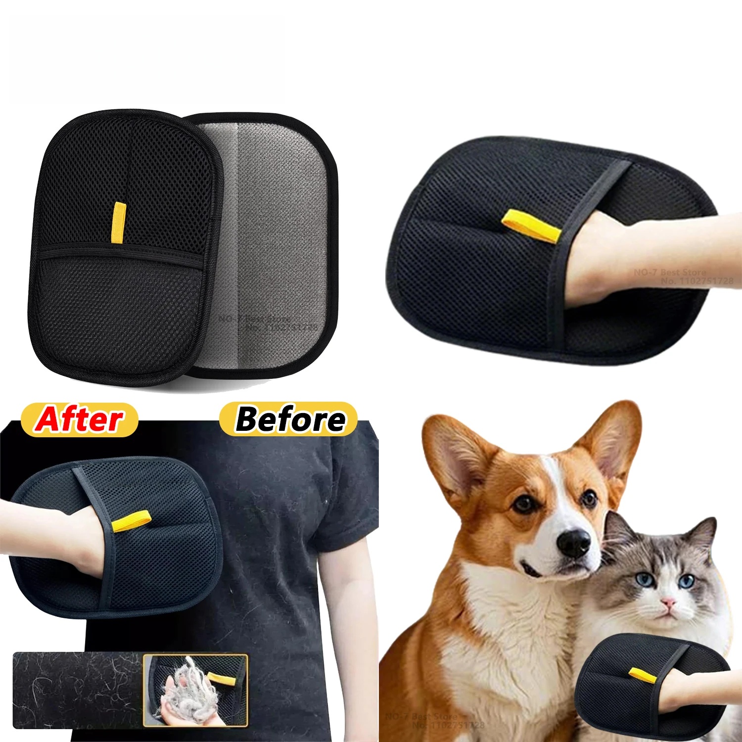 Reusable electrostatic removal gloves and double-sided pet cleaning gloves for removing pet hair from carpets.