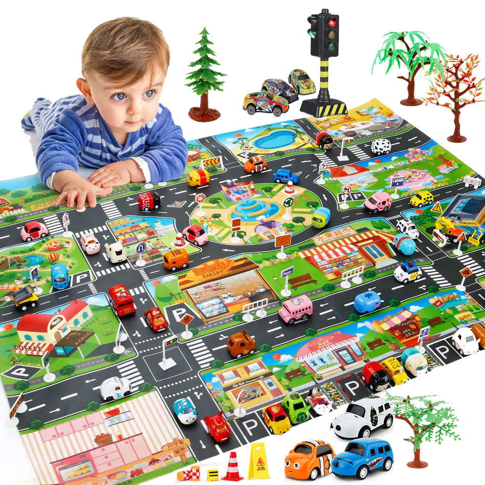 Children Canvas Climbing Mats Parking Lot View Map Kids Rug Developing Crawling Mat Big City Traffic Road Carpet with Toys