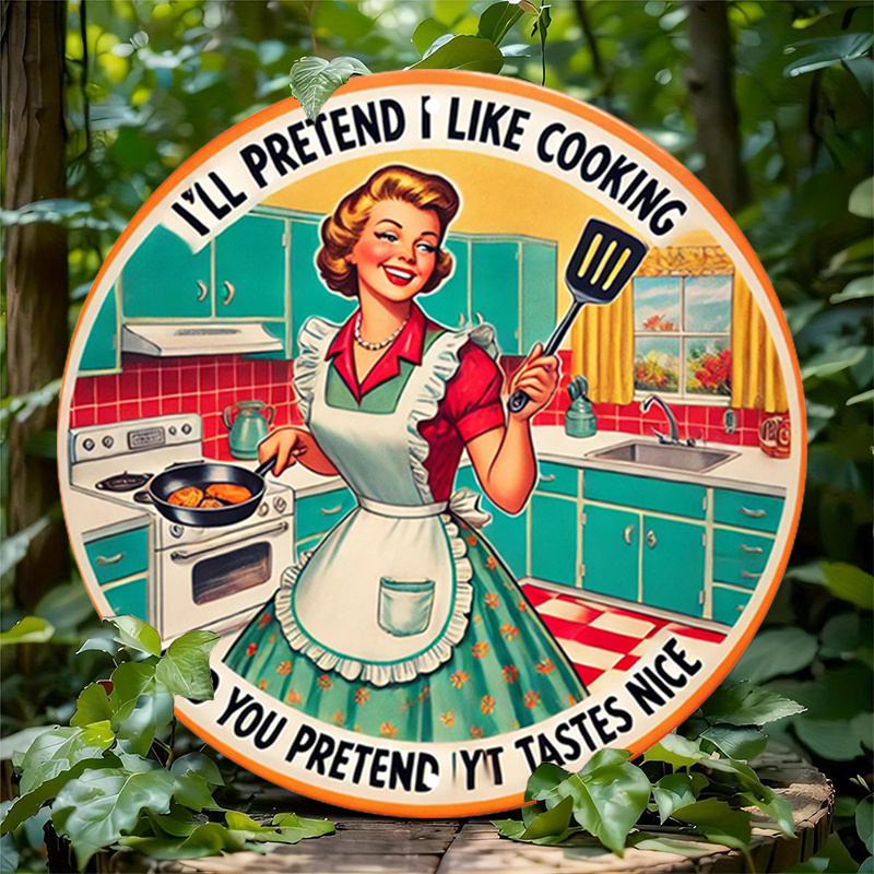 1pc Vintage Housewife Round Aluminum Metal Sign - Humorous Kitchen Wall Decor, Retro Cooking Theme Circular Tin Plaque for Home,