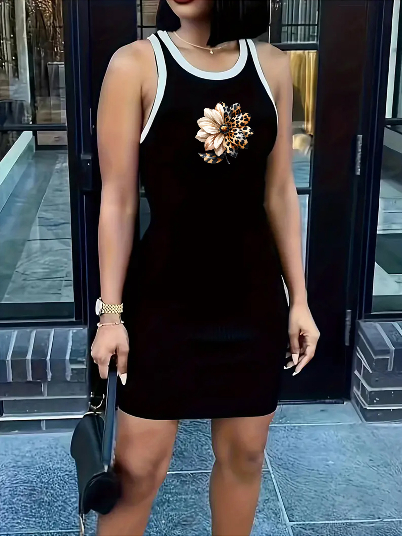Sweet and cool style leopard print flower pattern contrast color hip-hugging vest dress women's summer hot girl dress