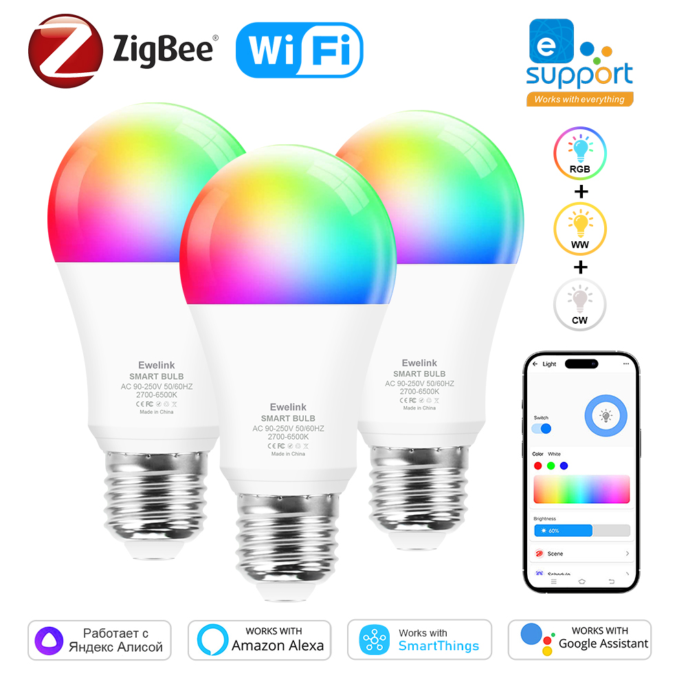 Ewelink E26 E27 Zigbee LED Bulbs Wifi Smart LED Lamp RGB+CW+WW 15W 18W LED Light Bulb Works With Alexa Google Smartthings Yandex