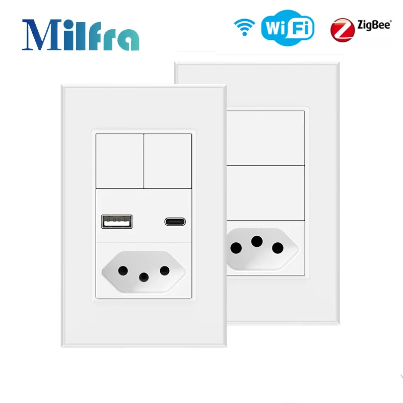 VBU WiFi/Zigbee Smart Wall Switch & Socket Brazil Standard Light Switch Tuya APP Work with Alexa Home lightify