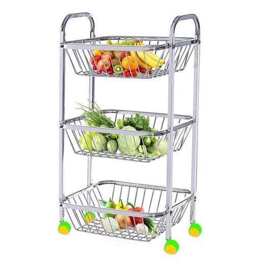 Stainless Steel Fruit & Vegetables Baskets 3 Layer Steel Trolley with Wheels