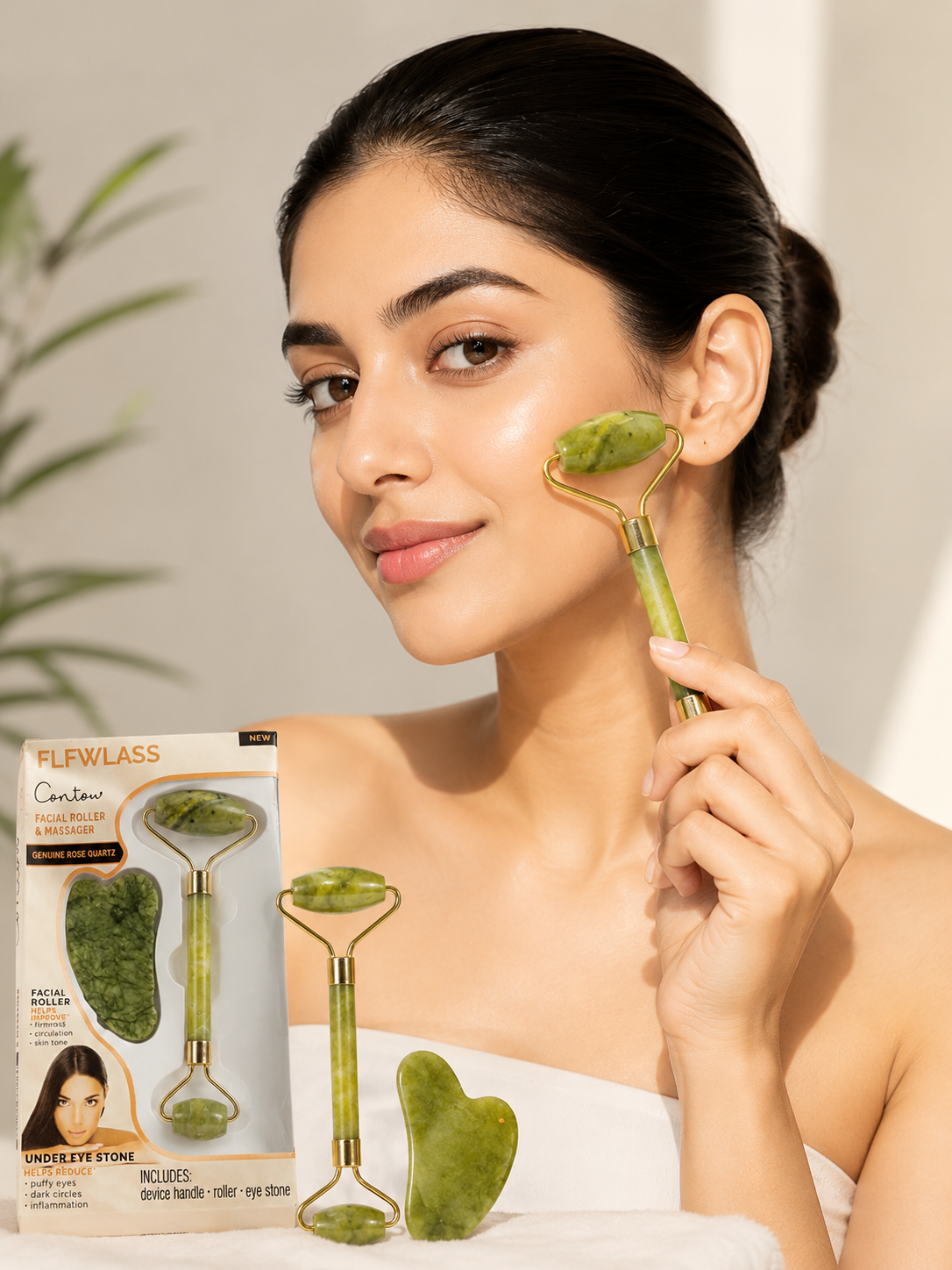 Natural Green Jade Roller & Gua Sha Facial Massage Set for Face, Neck & Under Eye Care