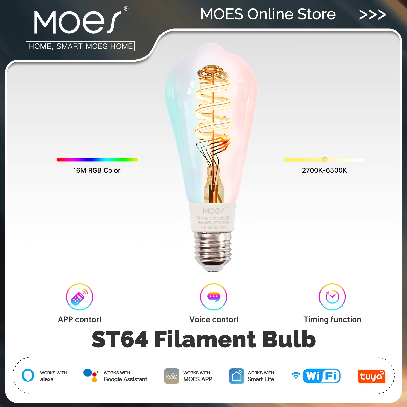MOES Tuya Smart LED Bulb WiFi/Zigbee/Matter Vintage Edison filament 16 Million RGB Colors Dimmable Support Alexa Home