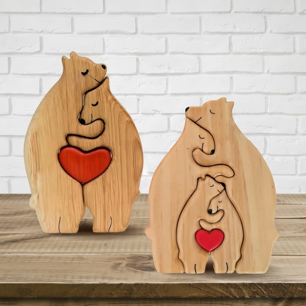 Creative Wooden Child Mother Bear Puzzle Solid Wood Bear Hugging Set forBedroom Crafts Decoration Home Jigsaw Ornament Figurines