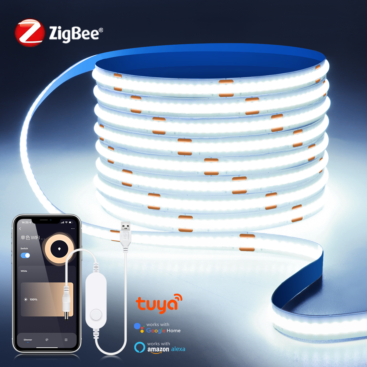 Zigbee 3.0 COB LED Strip Light USB 5V Tape Ribbon Lamp Dimmable Work With Alexa Home