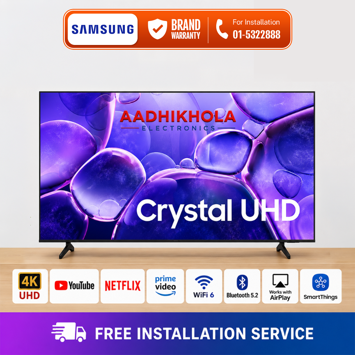Samsung 55 Inch Crystal 4K UHD Smart TV = UA55U8500FRSHE With Slim Bezel Metal Design, Crystal Processor 4K, HDR10+, PurColor With 1 Billion Color, Motion Xcelerator, Game Mode, Q-Symphony Sound, Dolby Digital Plus, OTS Lite, Adaptive Sound, Tizen OS
