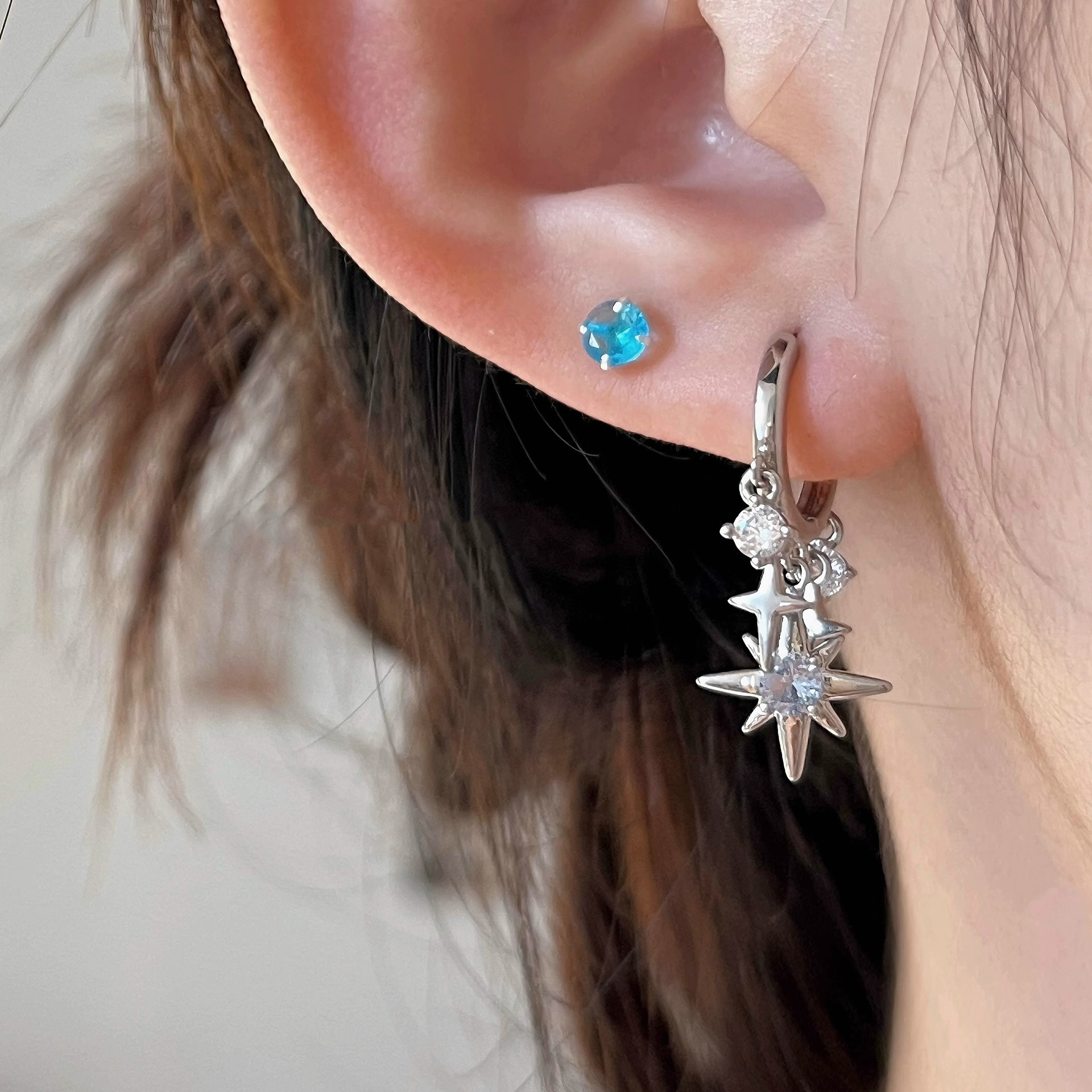 Eight Pointed Star Rhinestone Pendant Ear Buckle Earrings Punk Hip Hop Style Fashion Jewelry for Men and Women