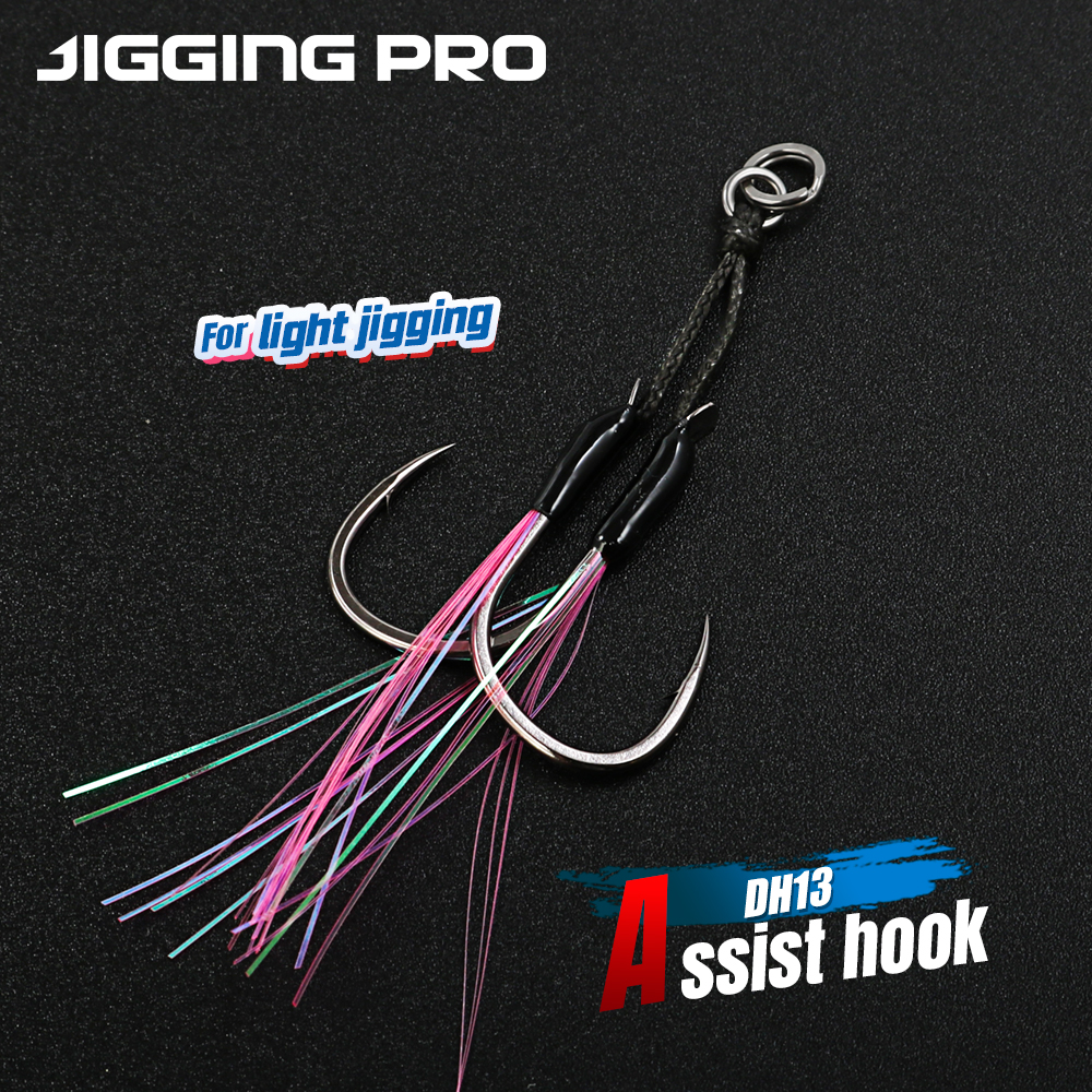 JIGGING PRO 2 Pairs Micro Jig Light Jigging Hooks 10# 12# 14# 16# Barbed Feather Fishing Hook Double Assist Hook