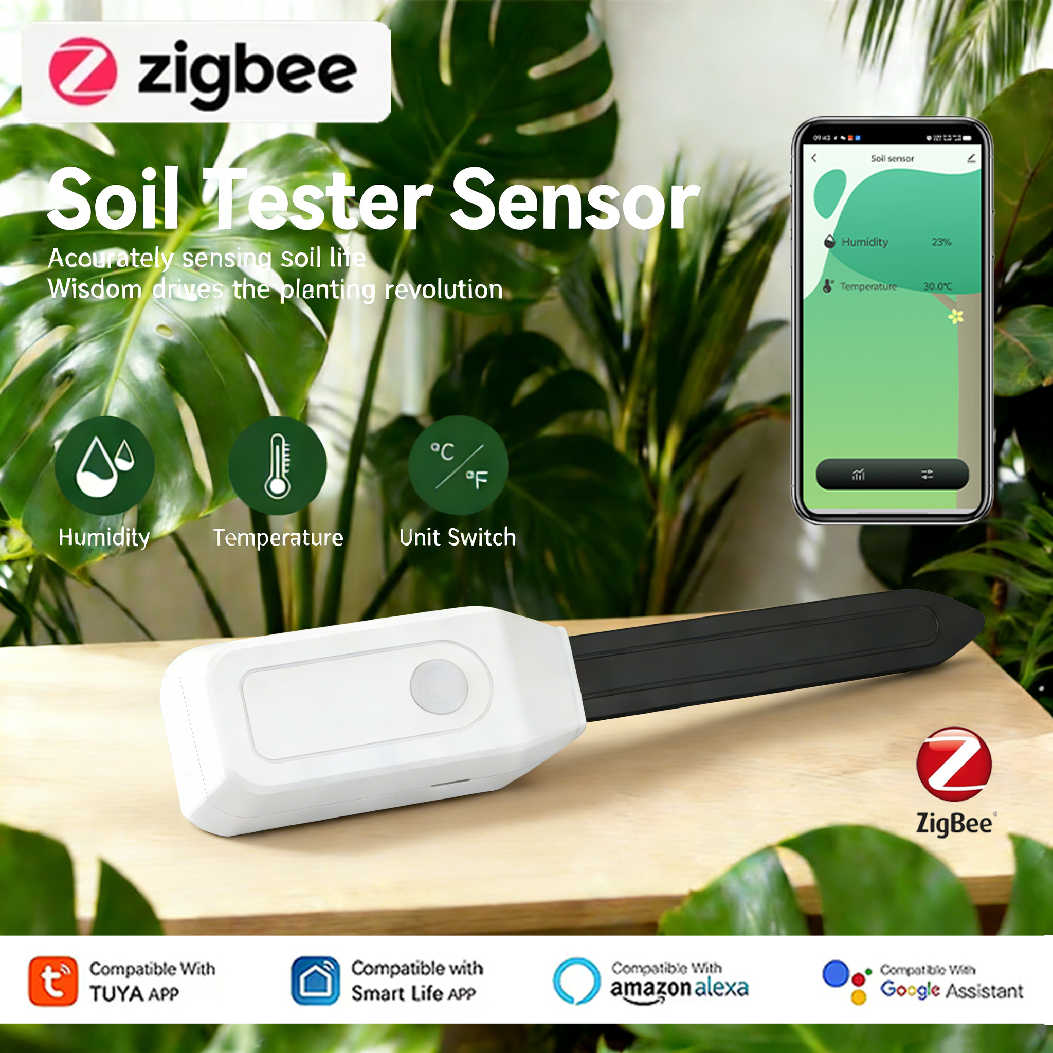 Tuya Zigbee Soil Tester Sensor for Flower Potting And Planting Real-Time Humidity Temperature Moisture Monitoring Remote Control