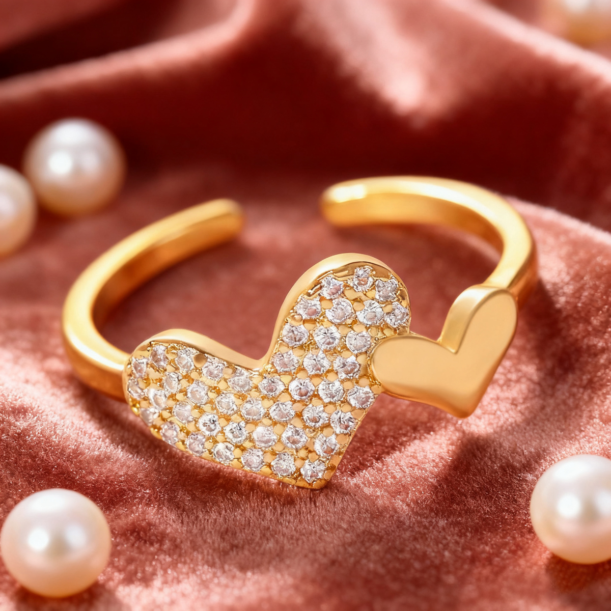 1Pc Gold Copper Inlaid Zircon Double Heart Adjustable Open Ring Women's Accessories Simple Fashion Everyday Versatile Suitable for Dating, Parties, Etc. Women's for Girlfriend Birthday pen gpt