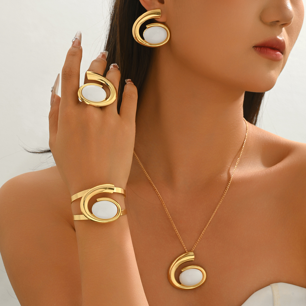 Obega Minimalist Gold Color White Oval Stone Jewelry Set Women Dainty Necklace Earrings Ring Bangle Set