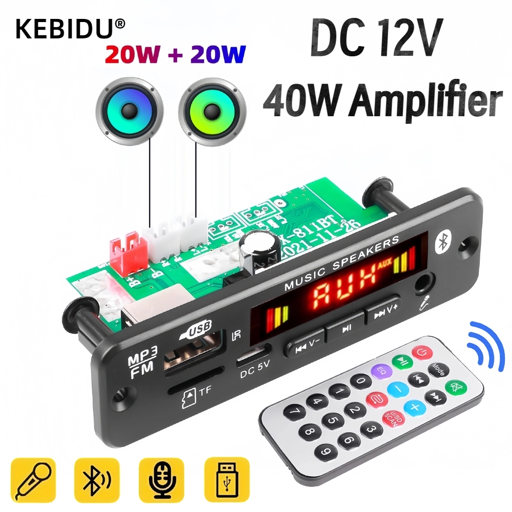 Bluetooth 5.0 MP3 WMA WAV Decoder Board DC 12V Handsfree Call 3.5mm Microphone USB TF FM Car Audio Music Player Speaker DIY