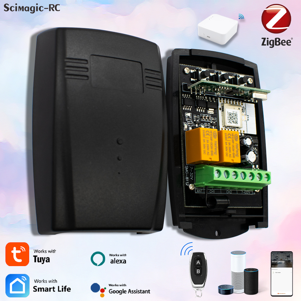 Zigbee Smart Garage Door Receiver 2 Channels 433.92MHz Remote Control Relay Switch Opener Module Work With Alexa Home