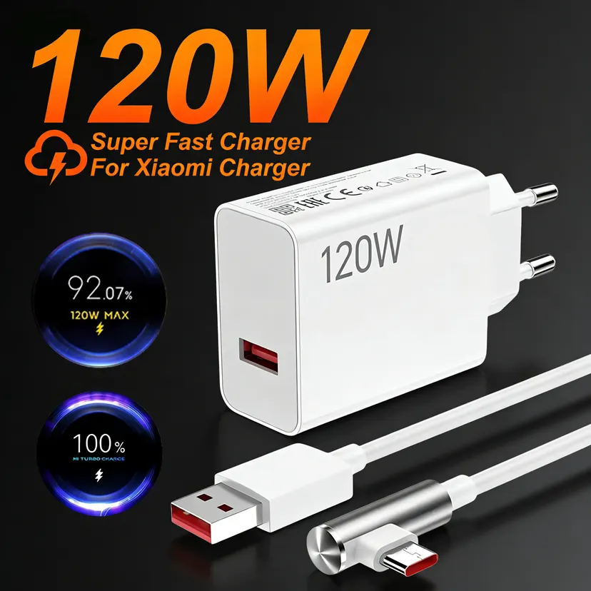 120W EU Ultra Fast Charger For 13 14 15 17 Redmi Note 14 15 POCO X6 X7 F8 90 Degree Elbow Type-C USB Quick Charging Cable