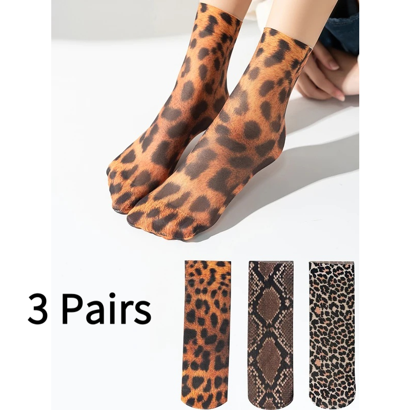 3 Pairs Leopard Large Flower Print Short Socks Summer Single Shoes Stockings High Elastic Comfortable Breathable Casual