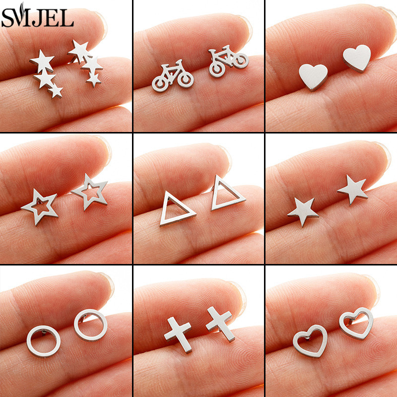Stainless Steel Mini Stud Earrings Geometric Heart Star Cross Round Ear Cartilage Piercing Jewelry Triangle Shape Studs