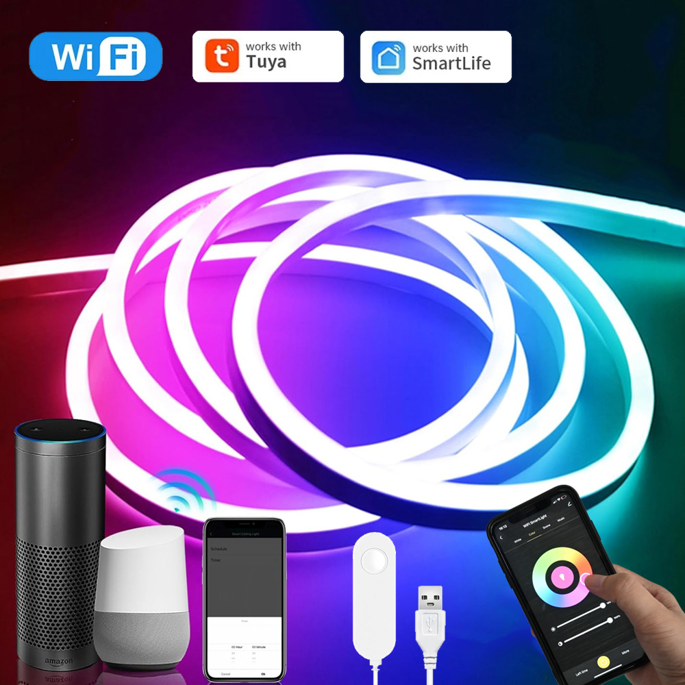 USB Tuya WiFi RGB Neon LED Strip Light 5V 1m 2m Waterproof Dimmable Soft Lamp Decor Lighting F Alexa Assistant Smart Life