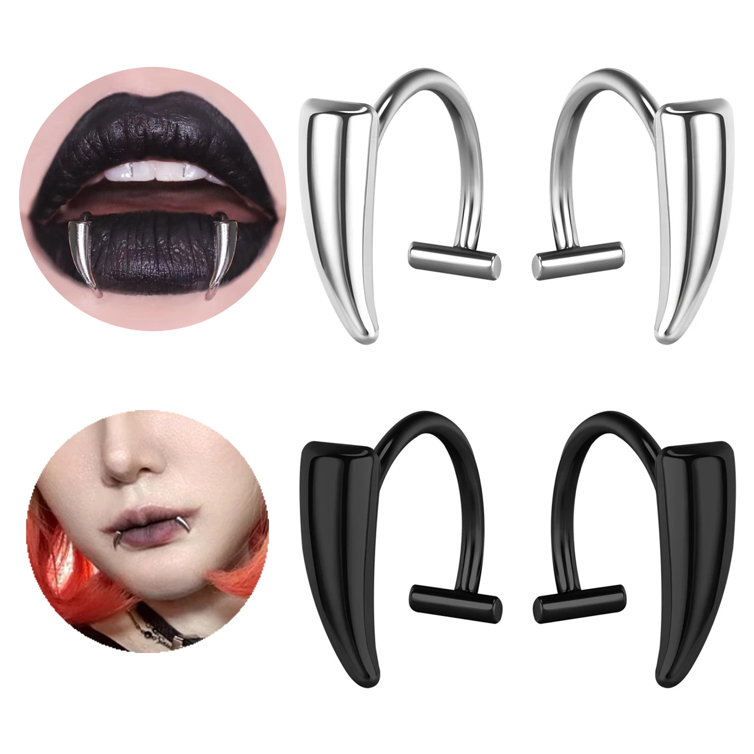 1 Pair Vampire Fang Shape Stainless Steel Fake Lip Labret Piercing Round Faux Lips Clip Punk Non-Piercing Body Piercing Jewelry