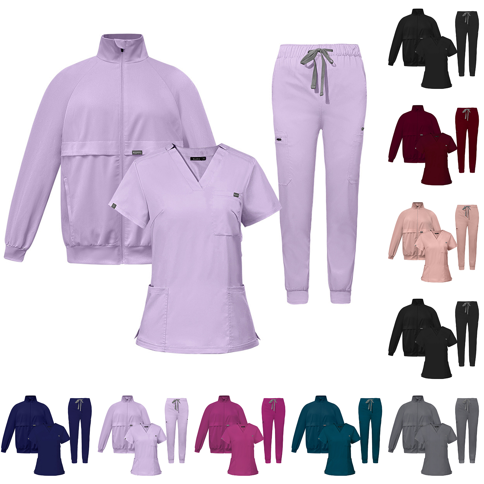 Female Loose Comfy V-neck Short Sleeved Top and Trousers and Coat Three Piece Workwear Solid Fall Winter Nurse Caring Clothes