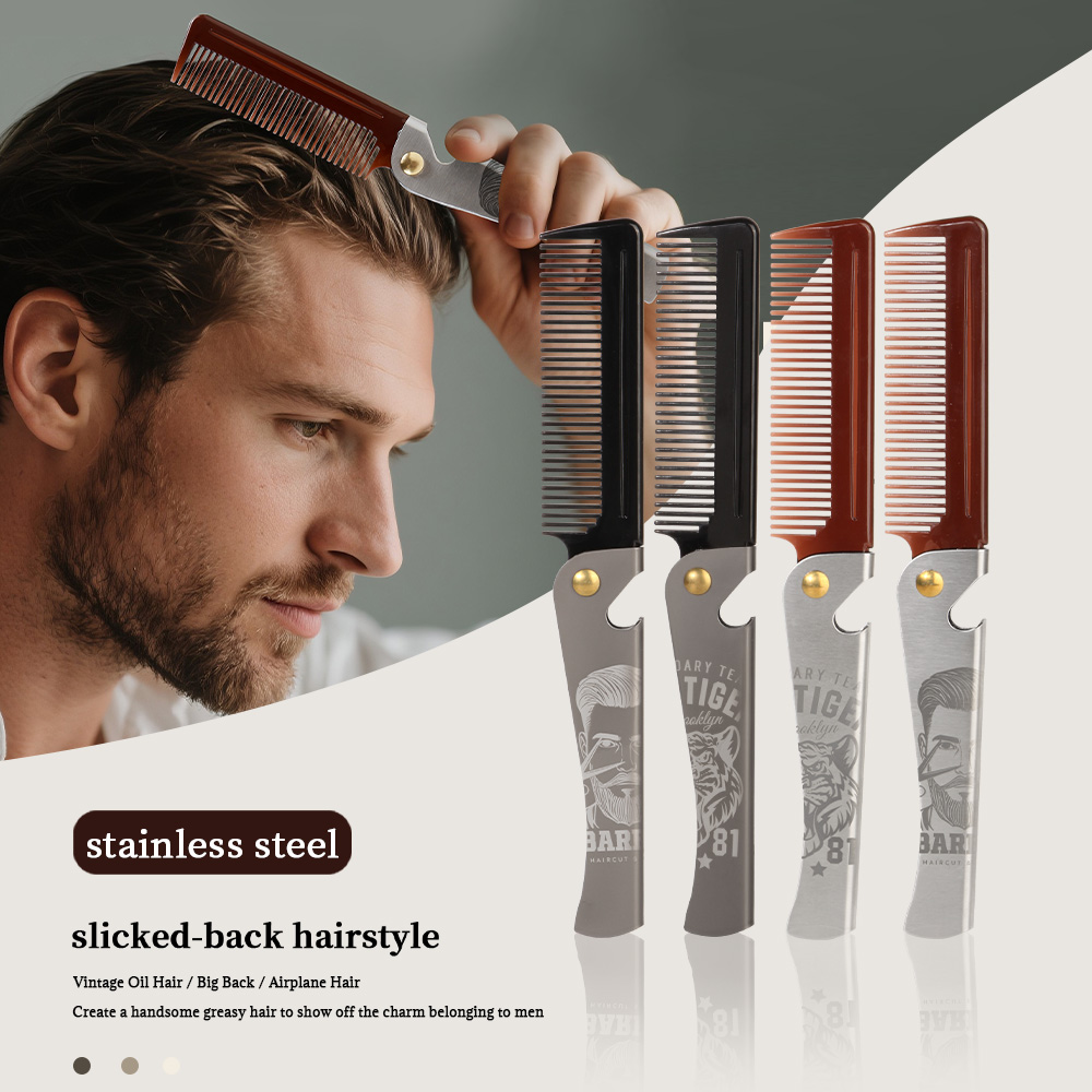 A Stainless Steel Comb, a Comb with Engraved Patterns, a Retro Oil Head Styling Comb, Electroplated Stainless Steel Foldableing Beard Comb, a Portable Beard Comb, a Hairdressing Comb, a Portable Comb