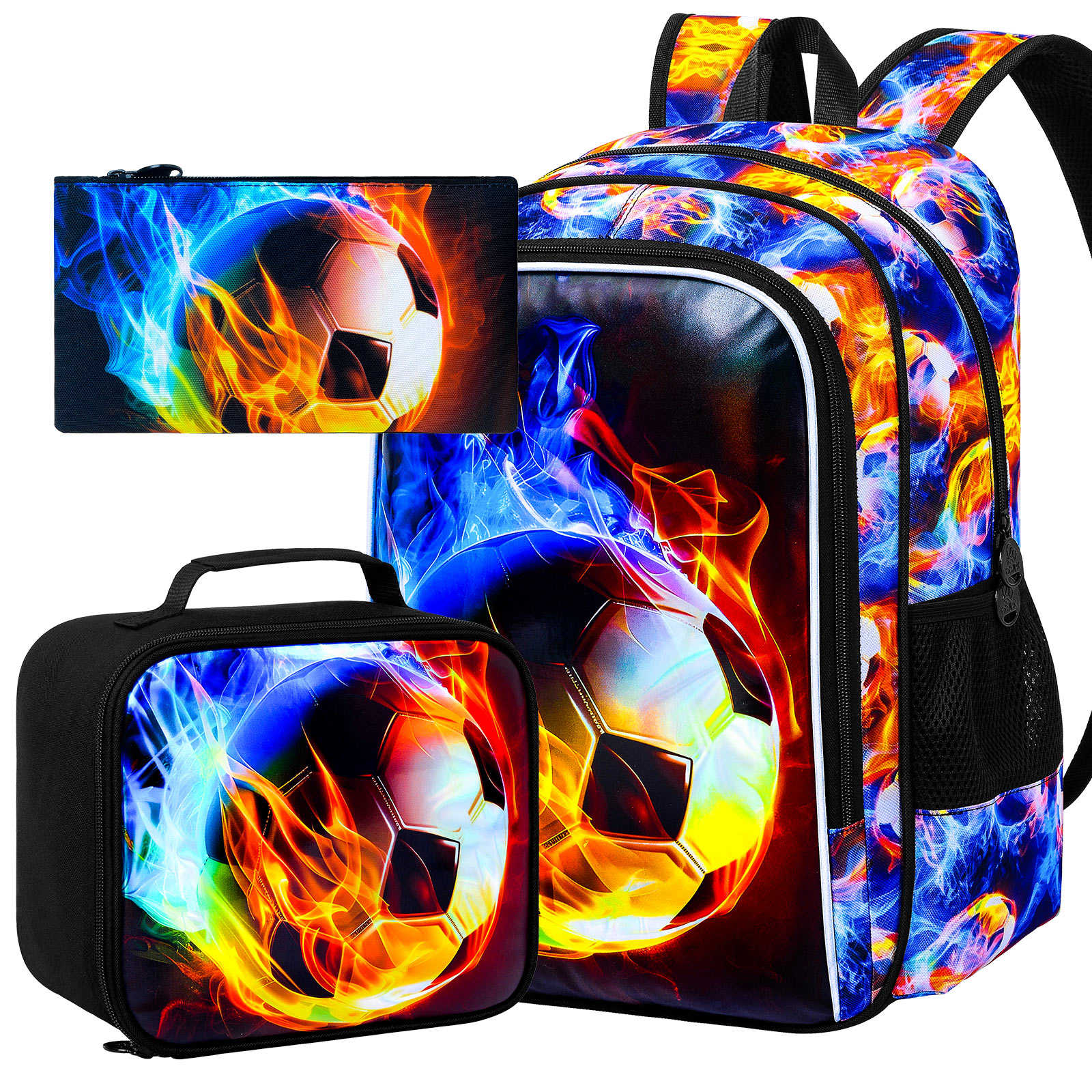17 Inch School Bag College Bookbag with Lunch Bag Set, Soccer pattern Backpacks for Teens Boys