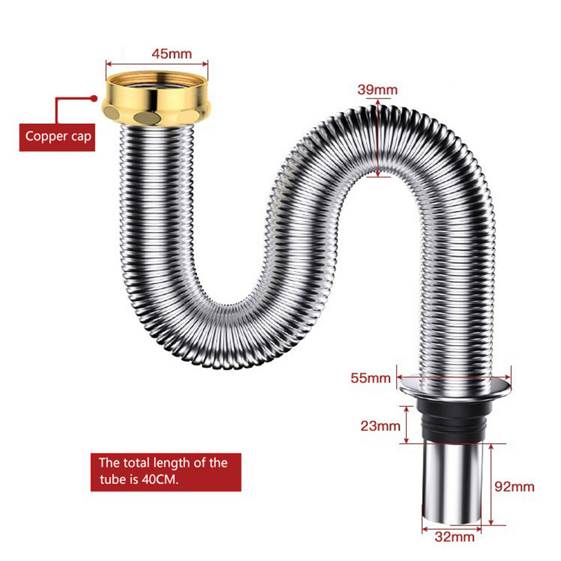 Kitchen Sink Siphon Waste Drain Flexible Pipe Hose 40/60cm Home Retractable Drainage Tube Stainless Steel Bathroom