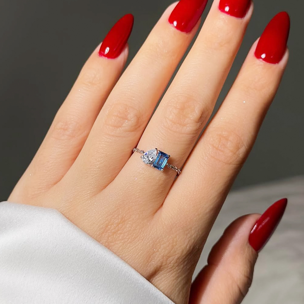 Adjustable Two Tone White and Blue Cubic Zirconia Women Rings Luxury Crystal Engagement Anniversary Party Elegant Female Jewelry