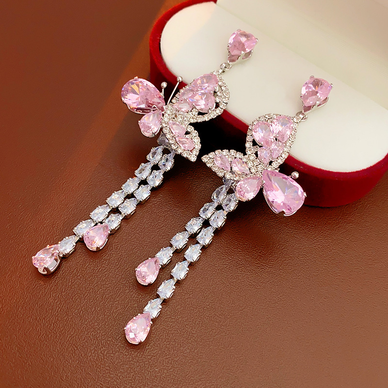 Pink Zircon Dangle Earrings Fashionable and Exquisite Butterfly Tassel Earrings Sweet Romantic Woman for Wedding Accessories K1
