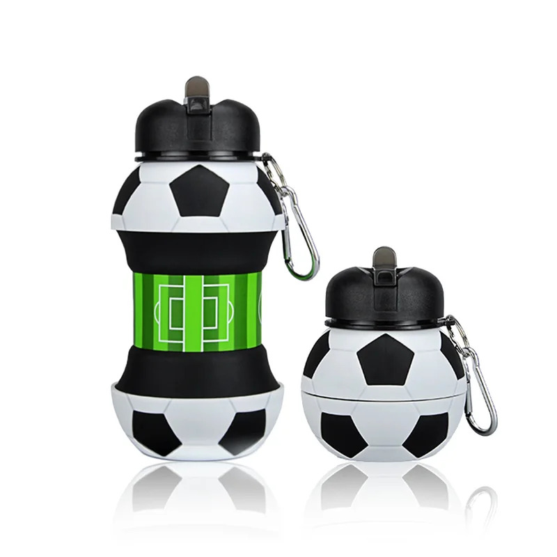 Black White Soccer Style Drop and Leak Proof Outdoor Sports Mug with Climbing Buckle Silicone Collapsible Ball Water Bottle