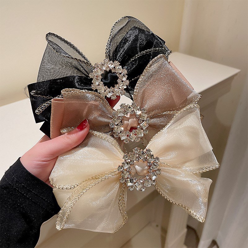 1pc Korean version sweet diamond studded organza bow hair clip, spring clip, fashionable temperament hair accessories